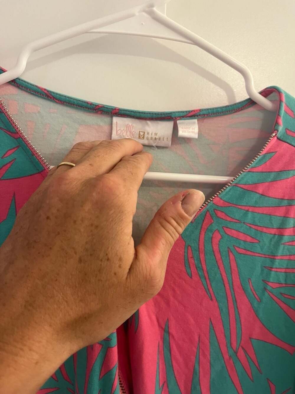 Belle by Kim Gravel TripleLuxe Knit Palm Leaf Print Zip Front 3/4 Sleeve Top - Picture 2 of 4
